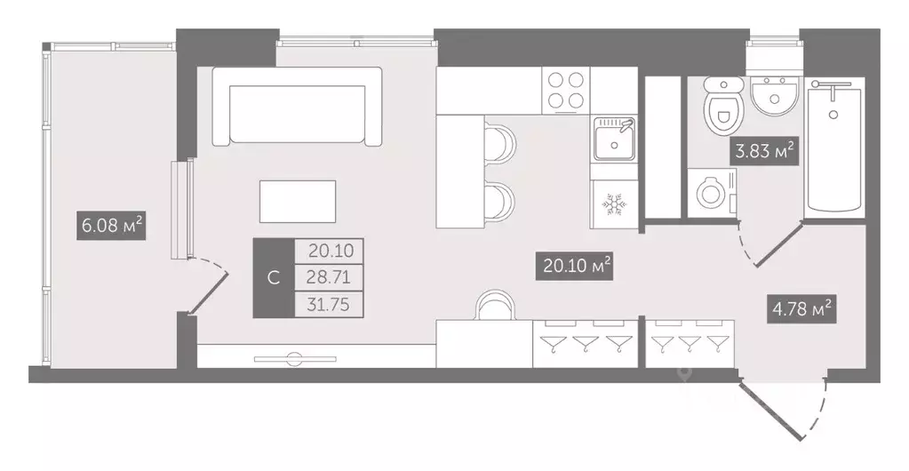 Студия Санкт-Петербург Новгородская ул., 8Б (31.75 м) - Фото 0