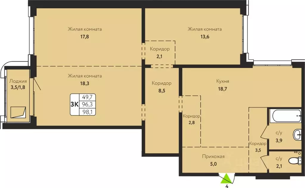 3-к кв. Алтайский край, Барнаул ул. Солнечная Поляна, 69 (98.1 м) - Фото 1