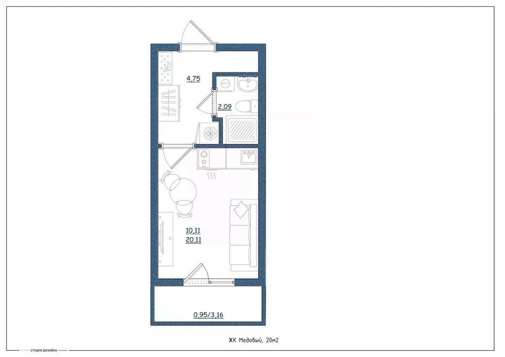 Студия Тверская область, Тверь ул. Медовая, 9к4 (20.0 м) - Фото 1