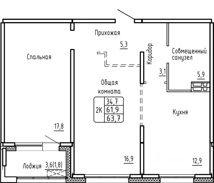 2-к кв. Новосибирская область, Новосибирск  (63.7 м) - Фото 0