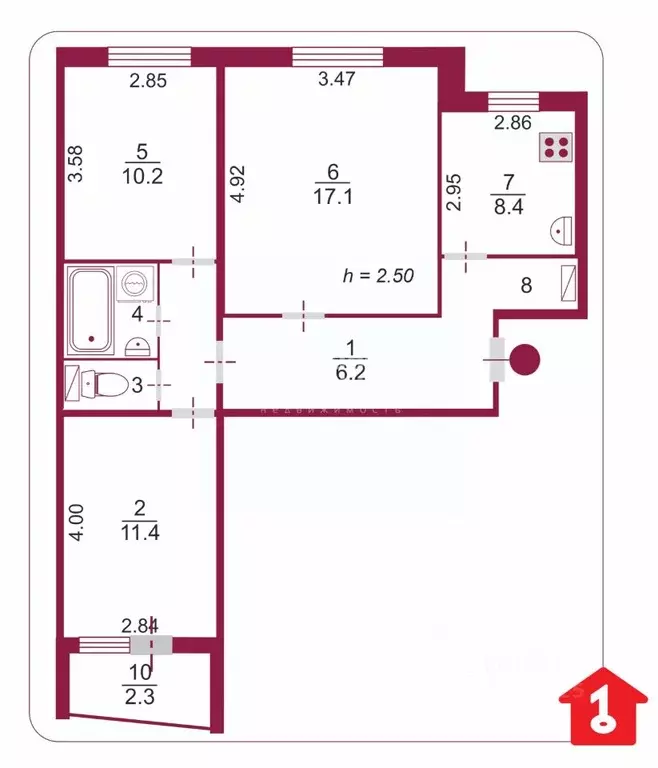 3-к кв. Омская область, Омск ул. Малиновского, 14к1 (62.6 м) - Фото 2