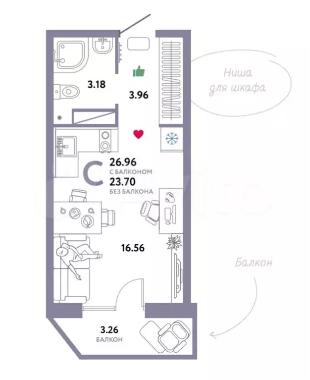 Квартира-студия, 27 м, 3/11 эт. - Фото 0
