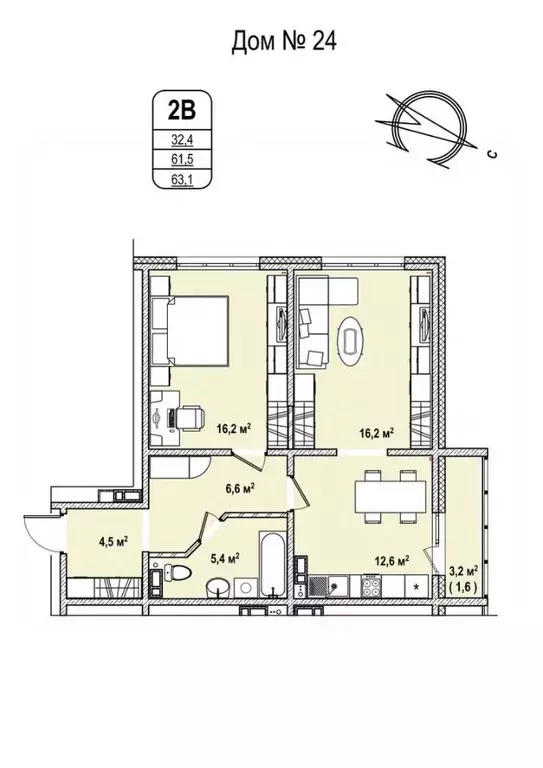 2-к кв. Кемеровская область, Кемерово 68-й мкр,  (63.1 м) - Фото 0