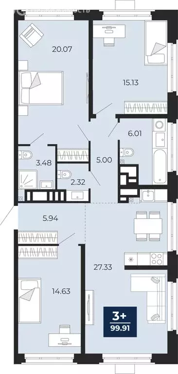 3-комнатная квартира: Тюмень, ЖК Айвазовский Сити (99.91 м) - Фото 1