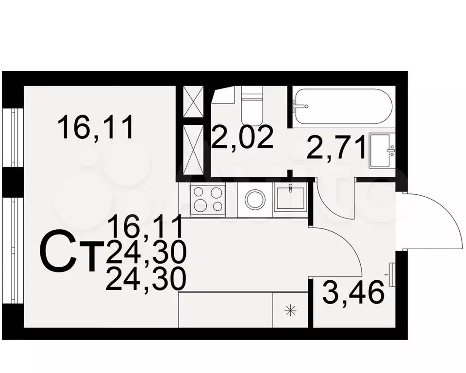 1-к. квартира, 24,3 м, 15/25 эт. - Фото 1