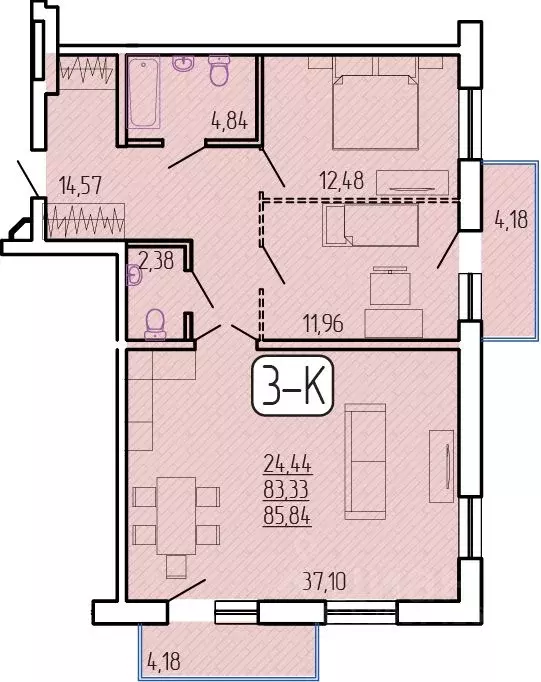 3-к кв. Бурятия, Улан-Удэ 129-й мкр,  (85.84 м) - Фото 1