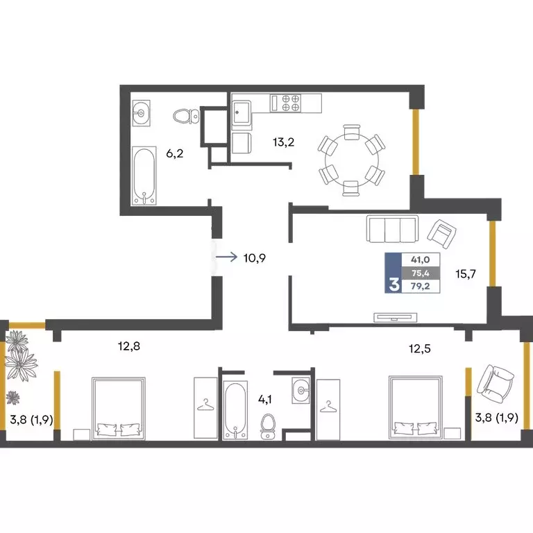 3-комнатная квартира: Перевальное, ЖК Предгорье (79.2 м) - Фото 1