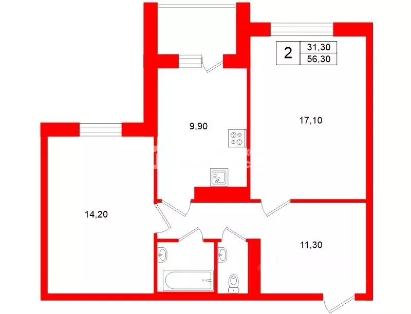 2-к кв. Санкт-Петербург Горелово тер., ш. Красносельское, 54к4 (56.3 ... - Фото 2