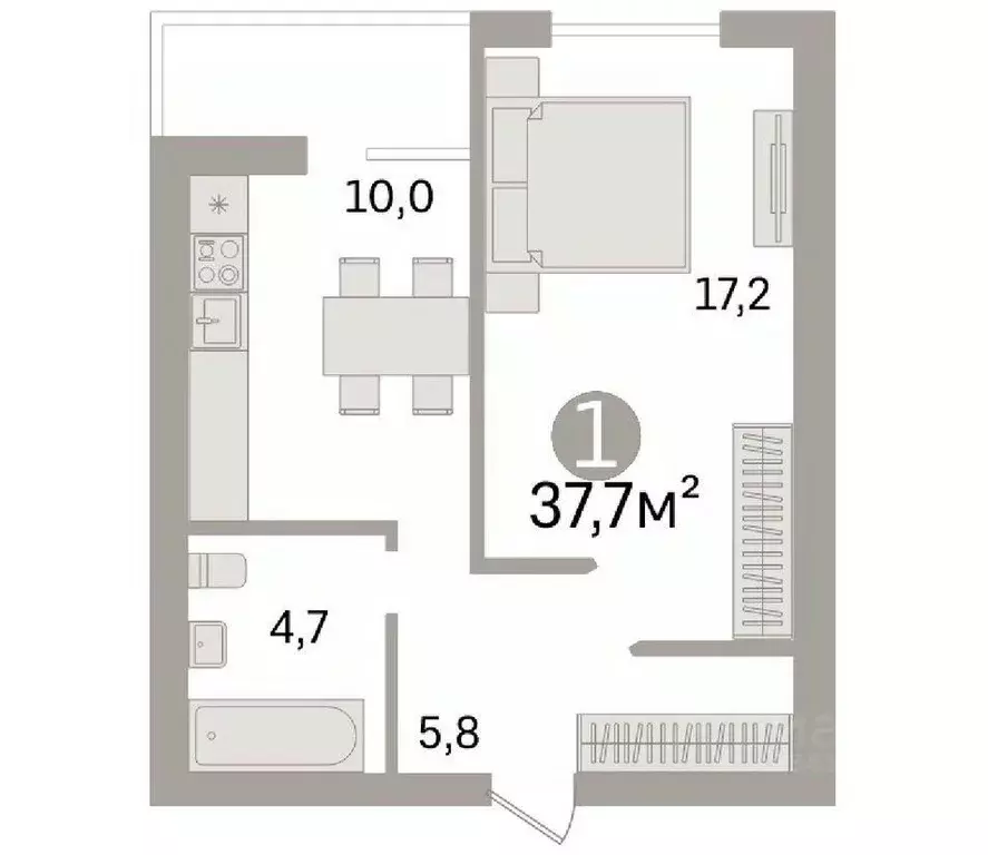 1-к кв. Омская область, Омск бул. М.М. Кузьмина, 15 (42.4 м) - Фото 2