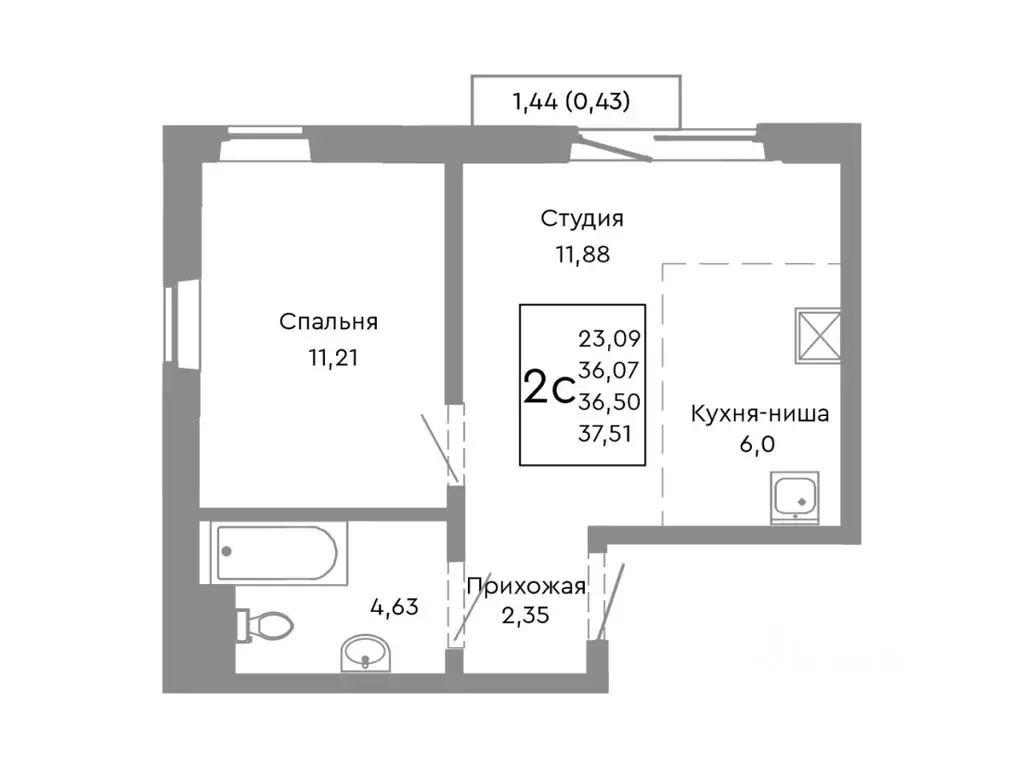 2-к кв. Челябинская область, Челябинск Нефтебазовая ул., 1-13 (36.5 м) - Фото 1
