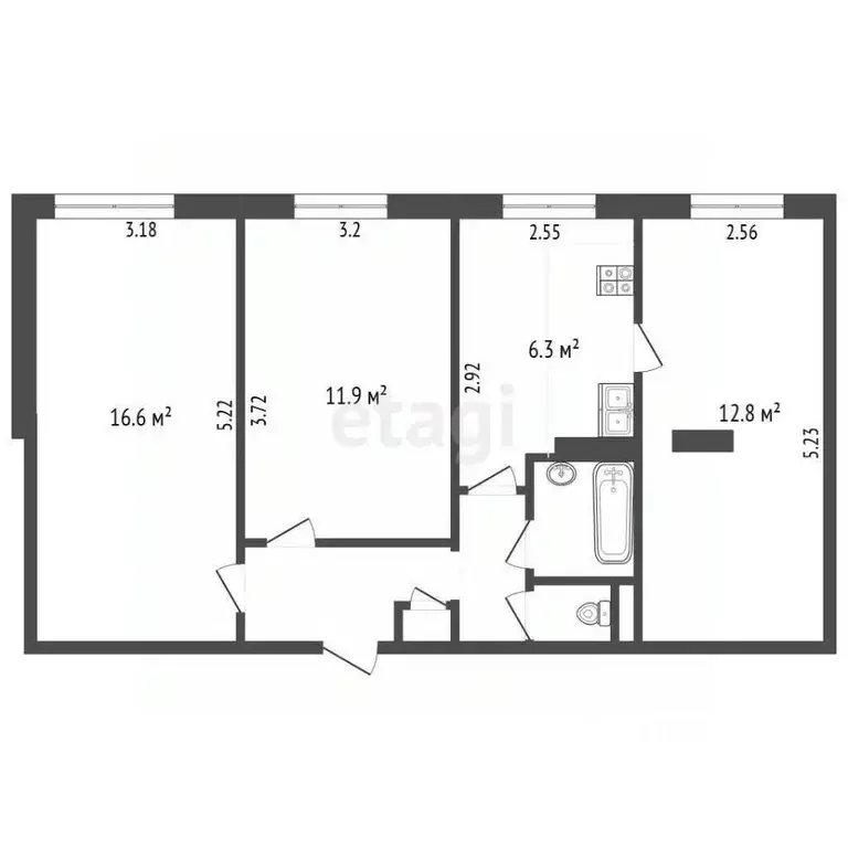 3-к кв. Белгородская область, Белгород ул. Победы, 83 (58.3 м) - Фото 2