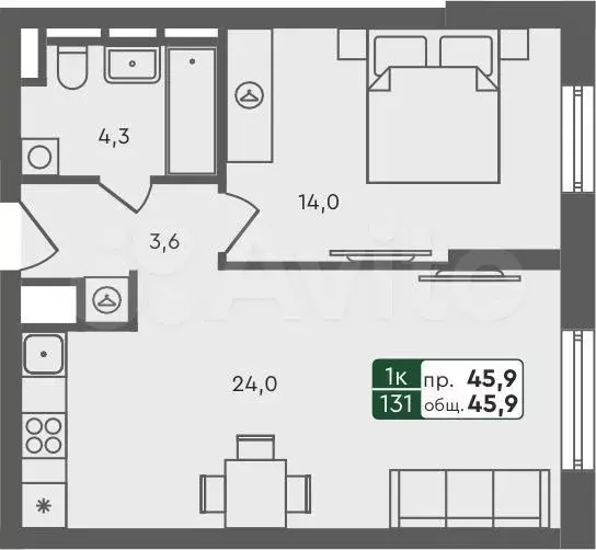 1-к. квартира, 45,9 м, 2/7 эт. - Фото 0