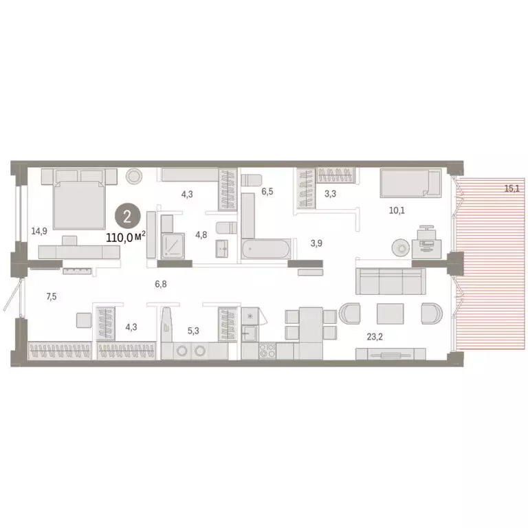 2-комнатная квартира: Тюмень, жилой комплекс Республики 205 (110.03 м) - Фото 2