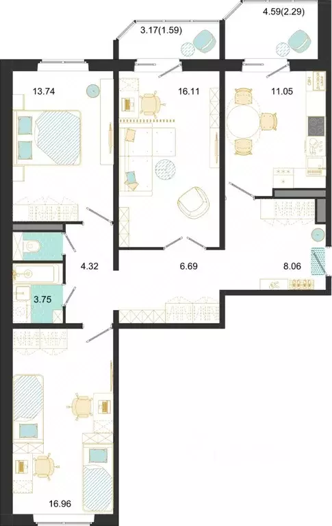 3-к кв. Московская область, Домодедово ул. Текстильщиков, 45 (84.56 м) - Фото 1