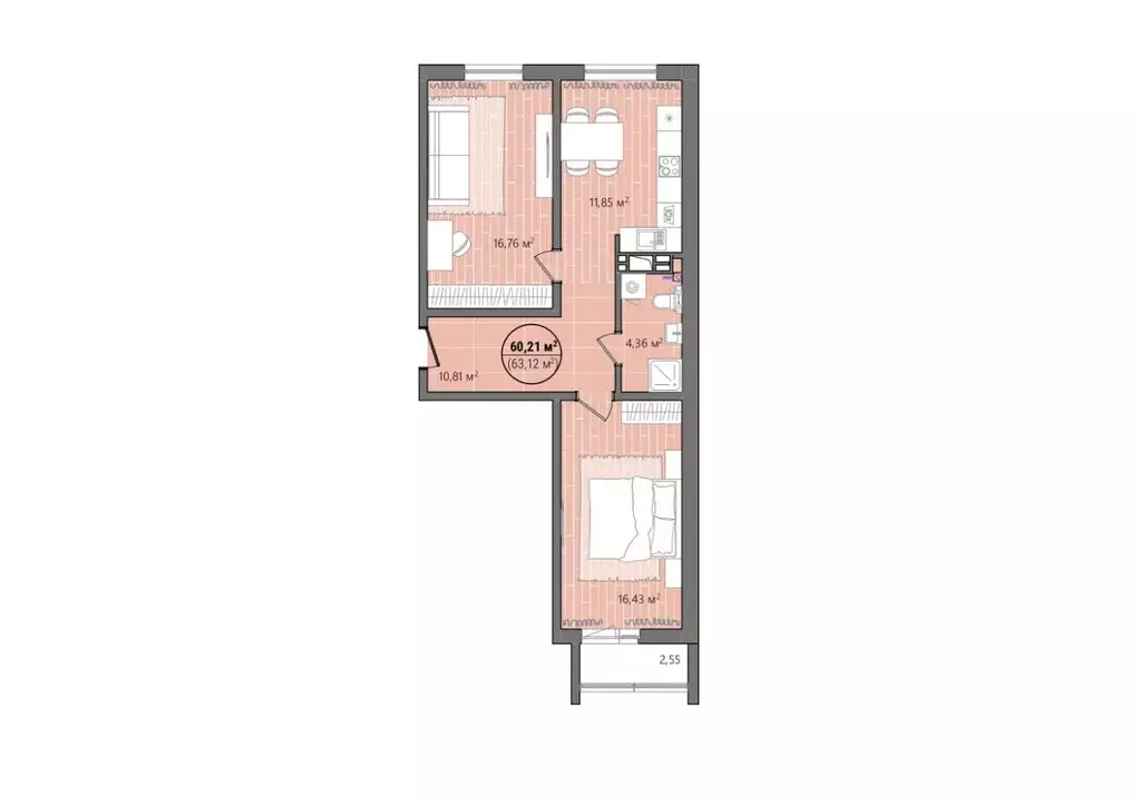 2-к кв. Челябинская область, Челябинск ул. Труда, 14 (63.66 м) - Фото 0