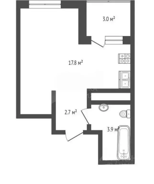 Студия Тюменская область, Тюмень Дамбовская ул., 27к1 (24.9 м) - Фото 1