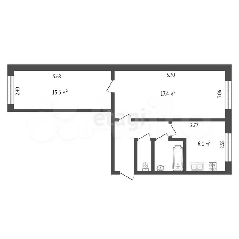 2-к. квартира, 44,9 м, 1/5 эт. - Фото 0