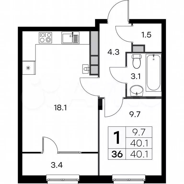 1-к. квартира, 40,1 м, 4/4 эт. - Фото 0