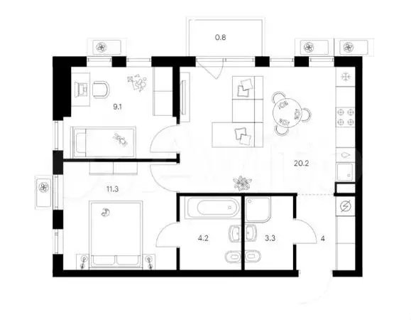 2-к. квартира, 53 м, 8/9 эт. - Фото 0