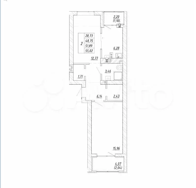 2-к. квартира, 51,9 м, 2/4 эт. - Фото 1