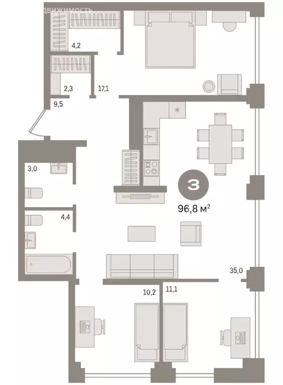 3-комнатная квартира: Новосибирск, жилой комплекс Мылзавод (96.8 м) - Фото 2