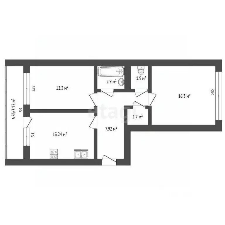 2-к кв. Вологодская область, Великий Устюг ул. Сахарова, 37 (60.92 м) - Фото 2