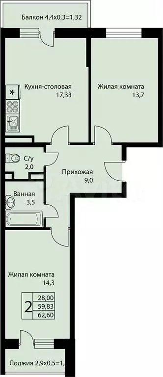 2-к. квартира, 62,6 м, 3/3 эт. - Фото 1