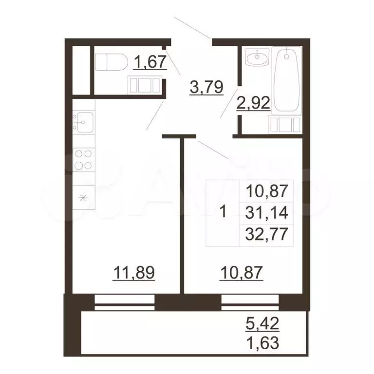 1-к. квартира, 32,8м, 5/6эт. - Фото 0