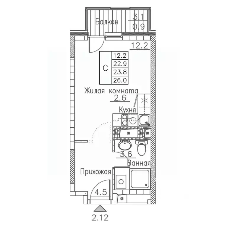 1-к кв. Приморский край, Владивосток ул. Расула Гамзатова, 7к1 (26.0 ... - Фото 1