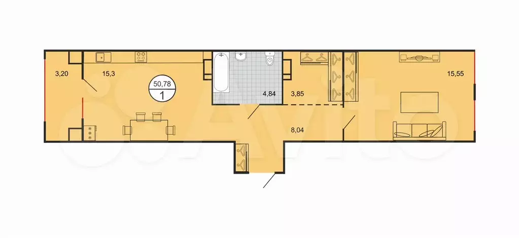 1-к. квартира, 51 м, 3/5 эт. - Фото 0