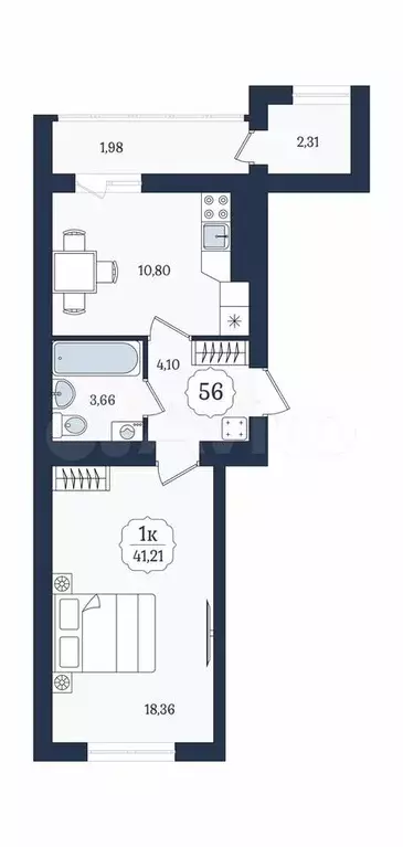 1-к. квартира, 41,2 м, 5/9 эт. - Фото 1