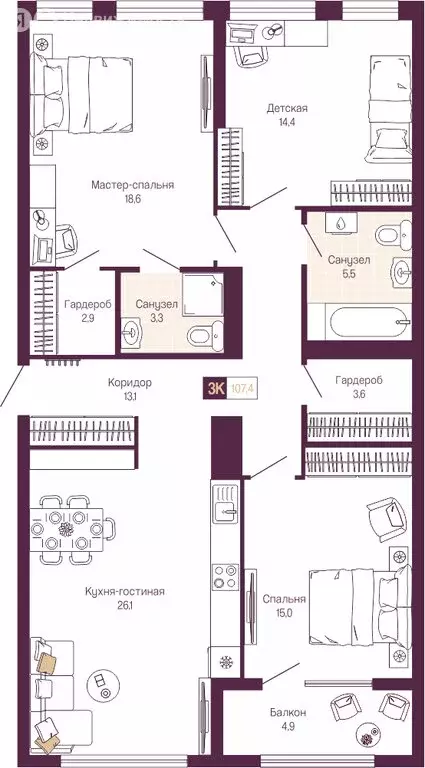 3-комнатная квартира: Нижний Новгород, Нижегородский район (105.1 м) - Фото 1