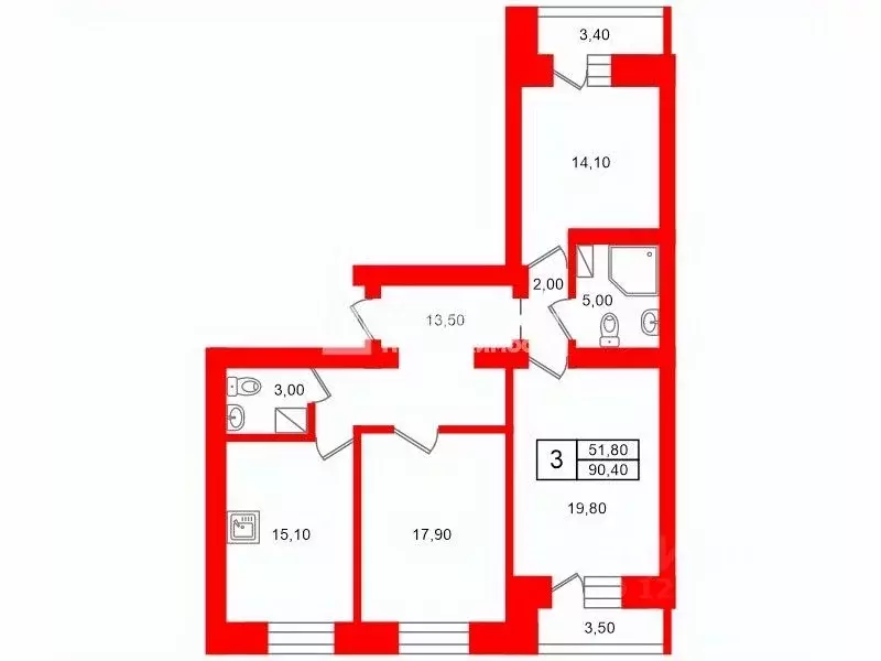 3-к кв. Санкт-Петербург ул. Коллонтай, 17к2 (90.4 м) - Фото 2