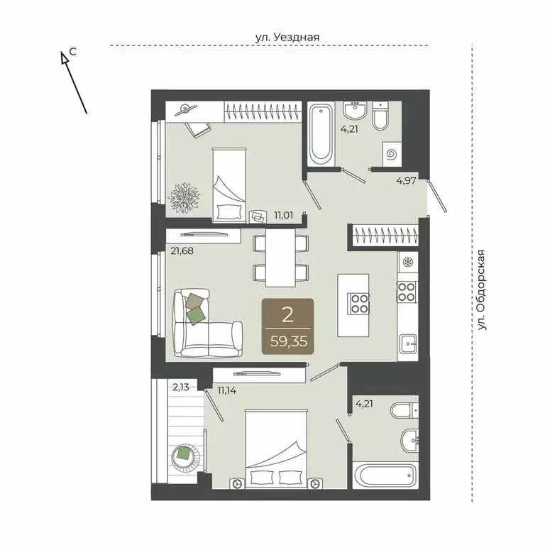2-комнатная квартира: Тюмень, ЖК Мидгард на Уездной (59.35 м) - Фото 0