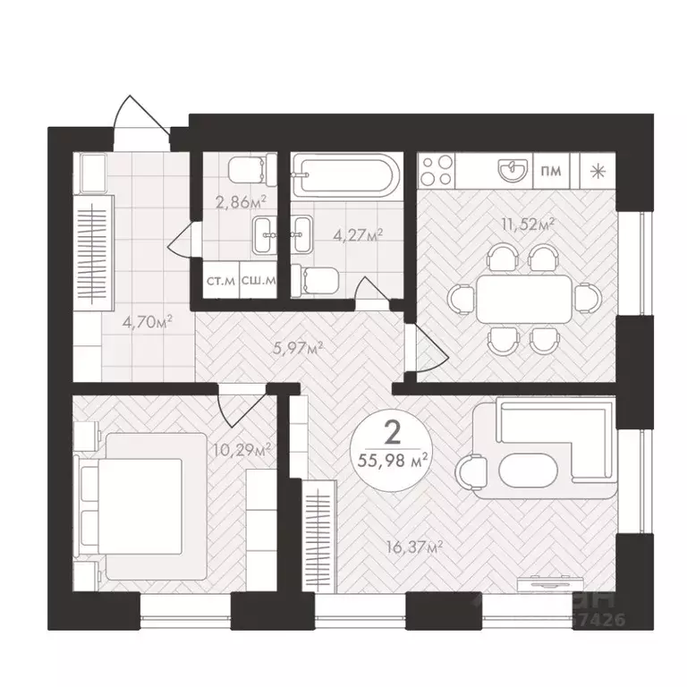 2-к кв. Башкортостан, Уфа Южный-2 мкр,  (55.98 м) - Фото 1