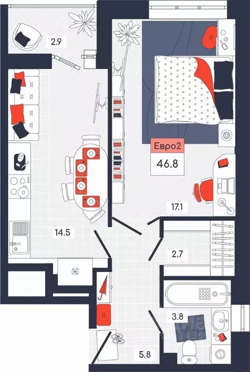 2-к кв. Тульская область, Тула ул. Академика Насоновой, 9 (46.8 м) - Фото 1