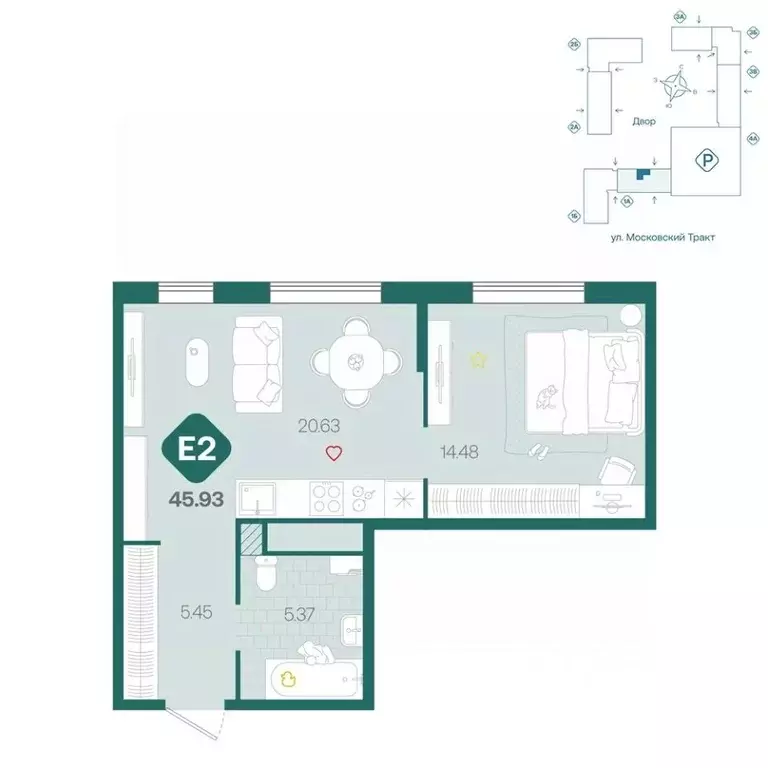 2-к кв. Тюменская область, Тюмень Сибирский жилой комплекс (45.93 м) - Фото 1