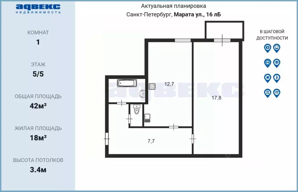 1-к кв. Санкт-Петербург ул. Марата, 16Б (42.0 м) - Фото 2