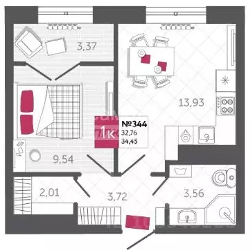 1-к кв. Тульская область, Тула ш. Калужское, 20к3 (34.45 м) - Фото 1