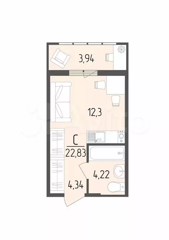 Квартира-студия, 22,8 м, 9/9 эт. - Фото 0