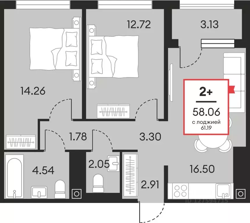 2-к кв. Ханты-Мансийский АО, Нефтеюганск ул. Нефтяников, 48А (58.06 м) - Фото 1