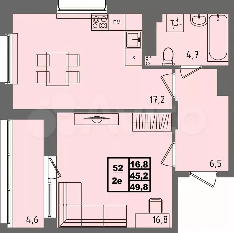 2-к. квартира, 49,8 м, 2/4 эт. - Фото 1