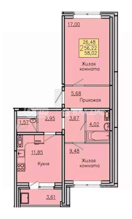 2-к кв. Воронежская область, с. Новая Усмань, Южный мкр  (58.02 м) - Фото 0