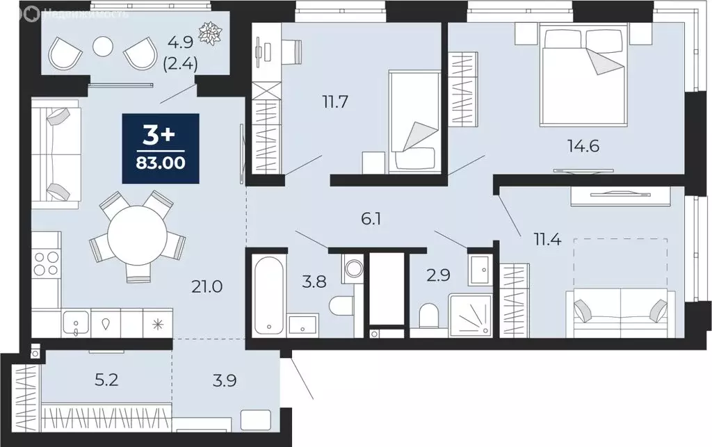 3-комнатная квартира: Тюмень, проезд Капитана Куликова, 3 (85.5 м) - Фото 1