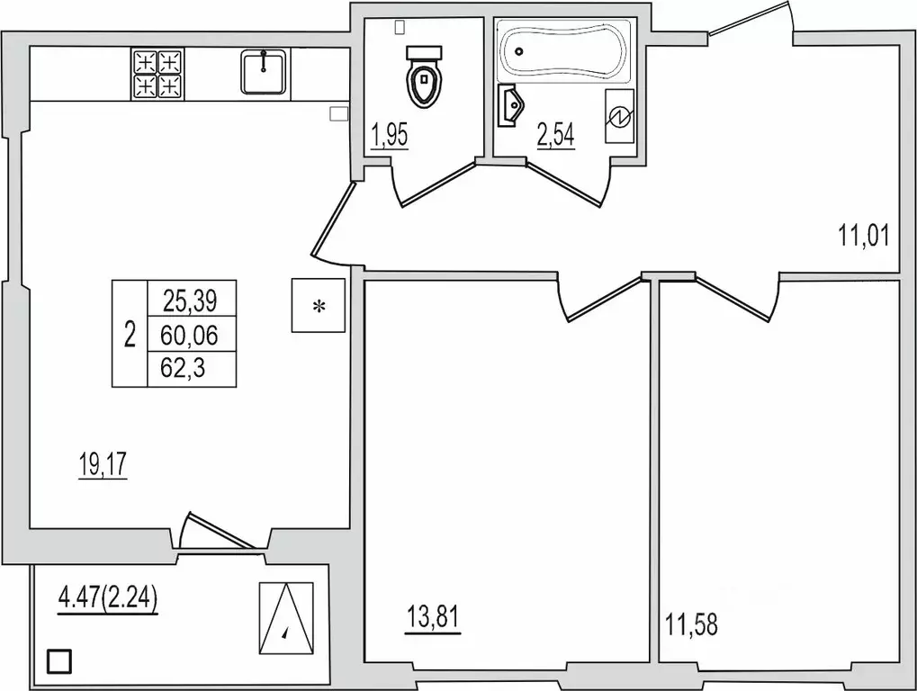 2-к кв. Псковская область, Псков Рижский просп., 94Г (62.3 м) - Фото 1