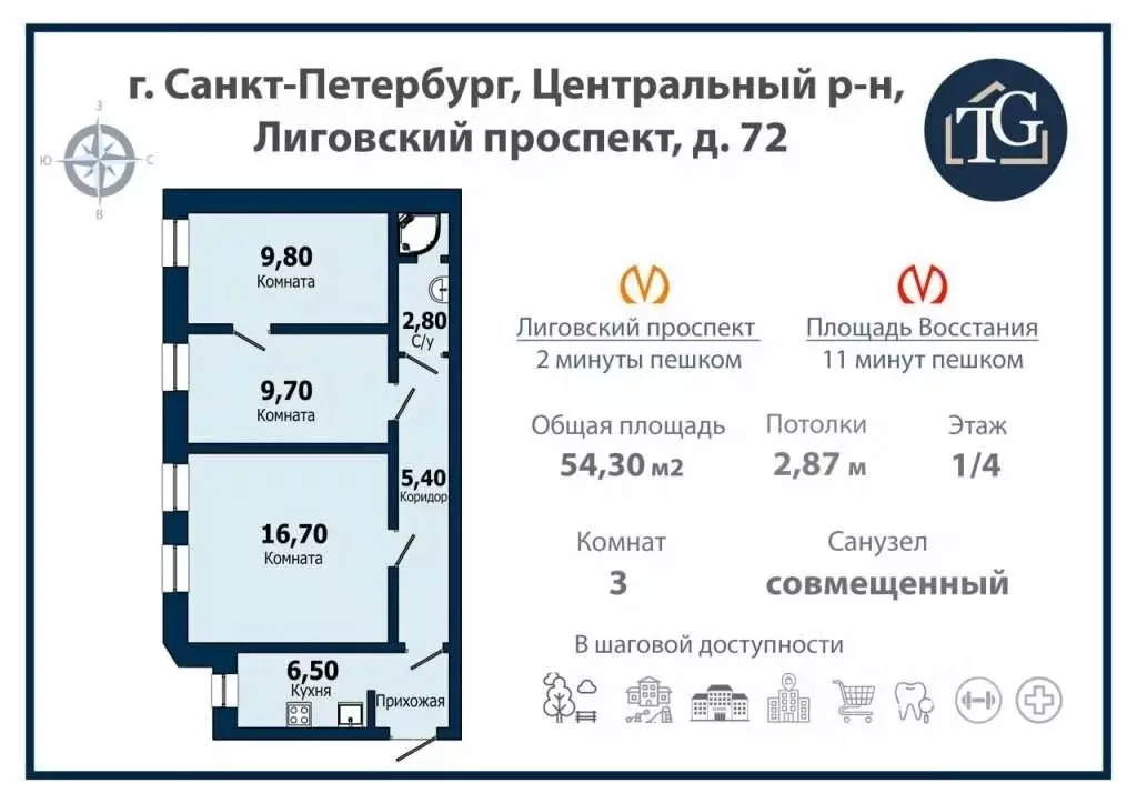 3-к кв. Санкт-Петербург Лиговский просп., 72 (54.3 м) - Фото 1