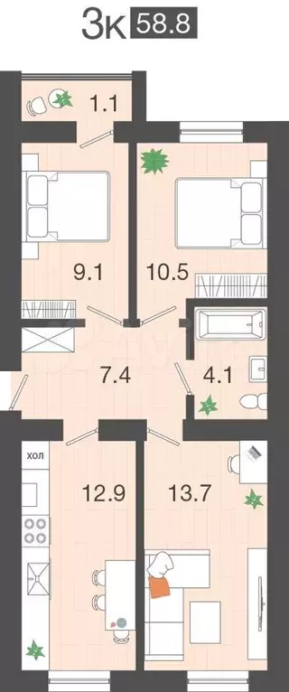 3-к. квартира, 58,8 м, 1/4 эт. - Фото 1