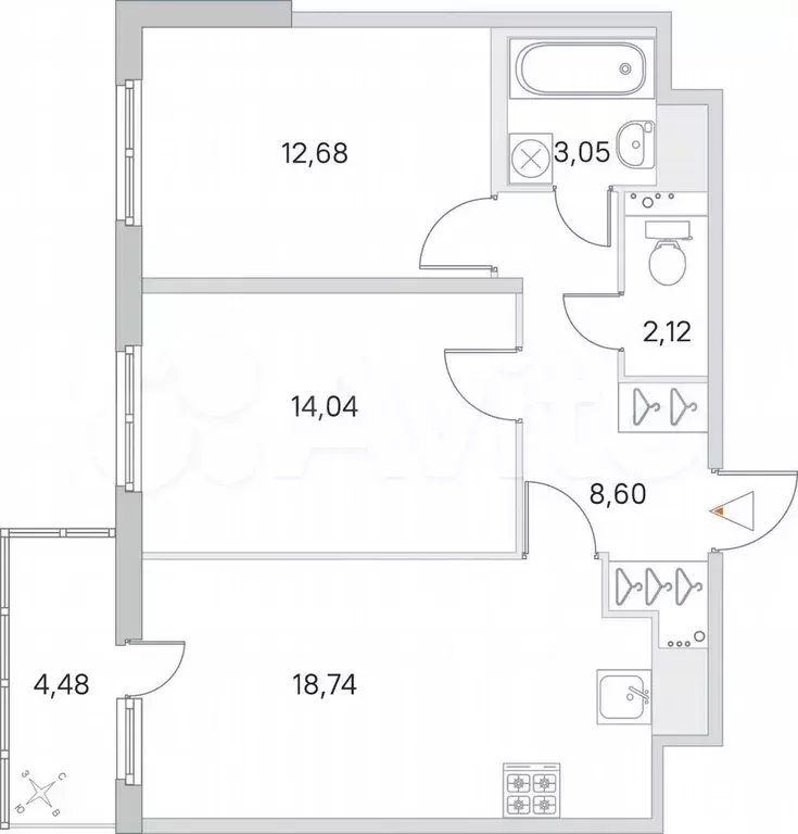 2-к. квартира, 60,6 м, 6/8 эт. - Фото 0