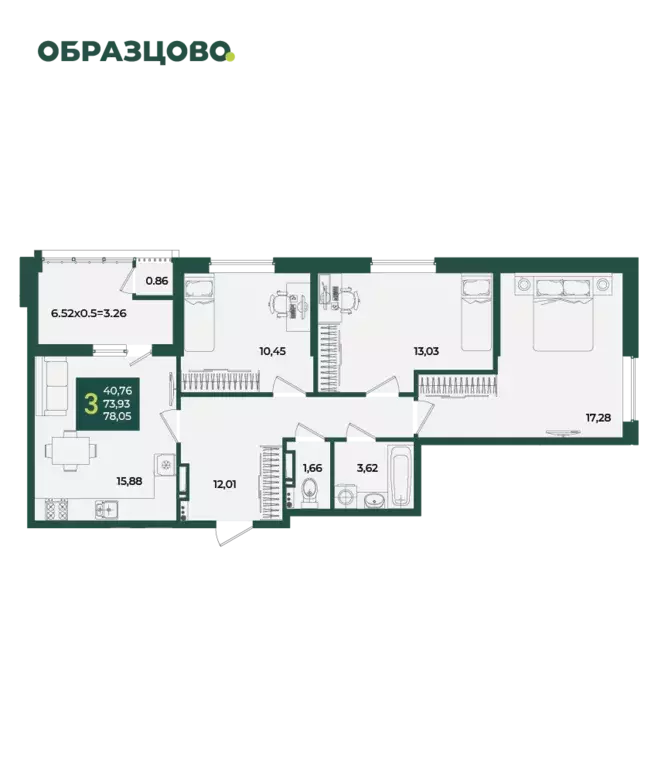 3-к квартира, 78.05 м - Фото 0