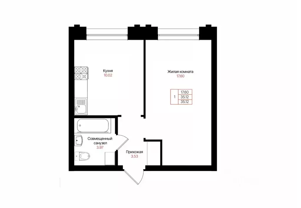 1-к кв. Татарстан, Казань  (35.12 м) - Фото 1